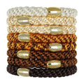 L. Erickson Brown Hair Ties with Gold Beads for Thick Hair, Grab & Go Ponytail Holders, 8 Pack, Leather | Gold Bead, Thick No-Crease Bands with Strong Hold, Damage-Free Design