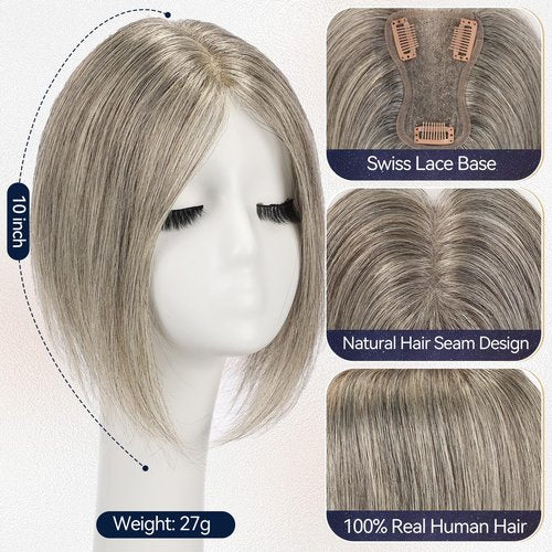 starluck 10 Inch Real Human Hair Topper for Women - 10 Inch No Bangs Topper with 3x4.5 Inch Swiss Lace Base, for Thinning Hair & Gray Root Coverage (Salt Papper)