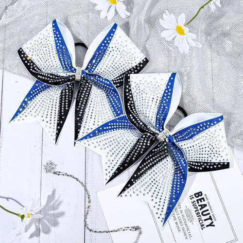DEEKA 6PCS 8" Large Glitter Royal Blue and Black White Cheer Bows 3 Toned Rhinestones Stiff Cheer Hair Bows Elastic Band Competition Bows for Cheerleader Team Girls Sports -Royal Blue/Black/White