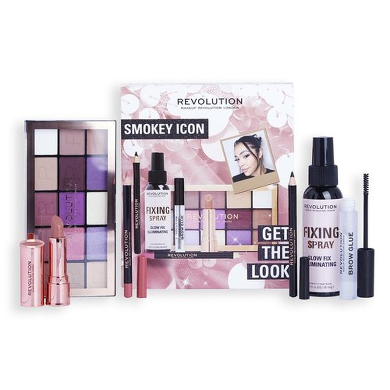 Makeup Revolution Get The Look Gift Set Smokey Icon, Eye Palette, Eyeliner, Lipstick, Brow Glue & Setting Spray Included, Various Shades