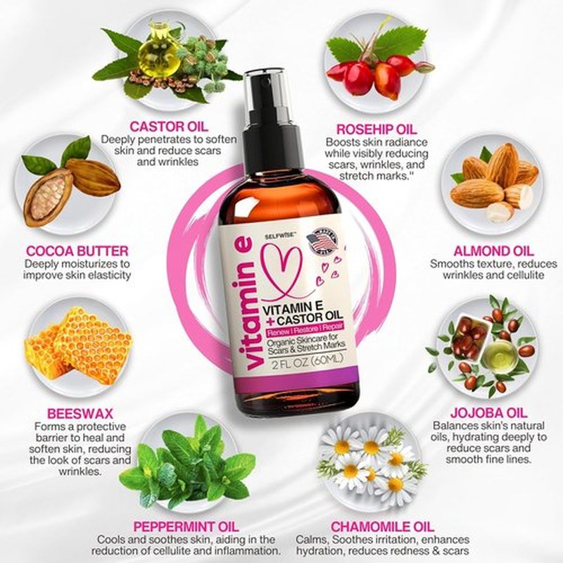 Skiennix Organic Vitamin E Oil - Scar & Stretch Mark Treatment with Castor, Rosehip, Jojoba - Hydrating Face & Body Oil