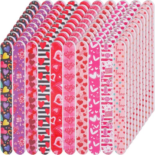 Lanties 100 Pack Valentines Nail Files Gift Bulk for Women Pink Red Heart Strips Emery Boards 7 Inch Large 180 Grit Double Sided Nail Files for Holiday Party Favors Women Customers Coworkers Staff