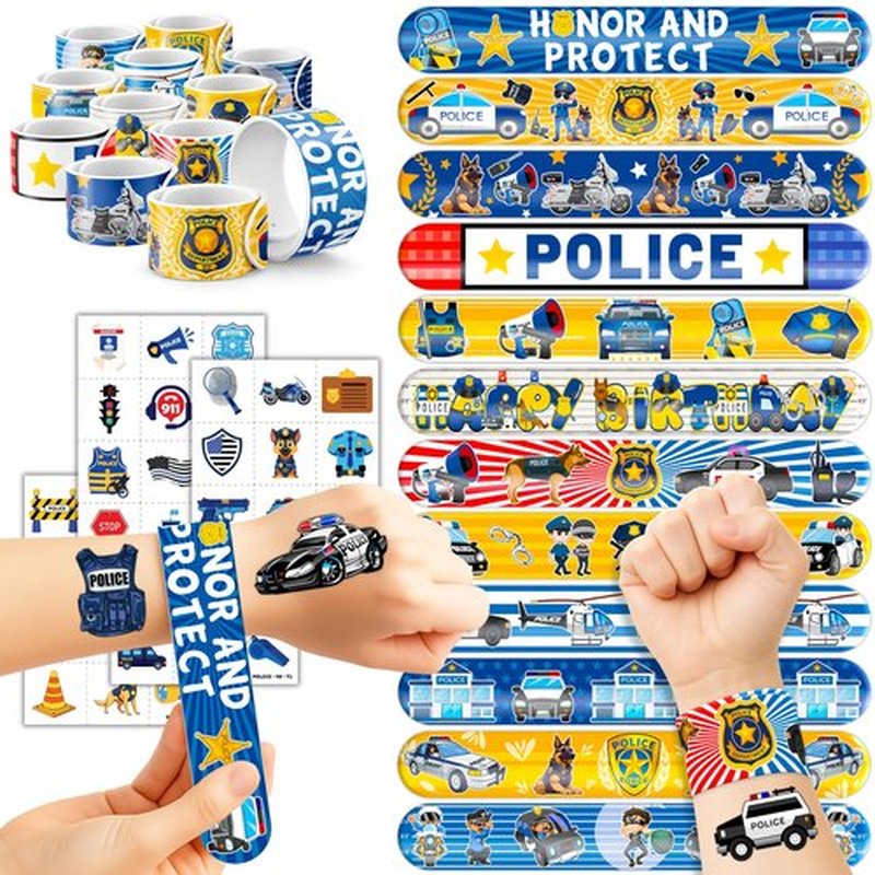 Cherisnowy 72PCS Police Party Set - 48PCS Temporary Tattoos & 24PCS Slap Bracelets - Fun Law Enforcement-Themed Birthday Supplies, Baby Shower Gifts, Classroom Rewards & Decor for Kids (Boys & Girls)