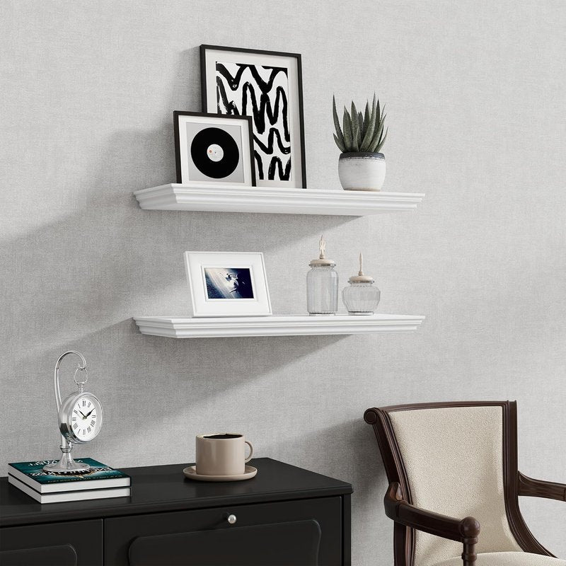 Fun Memories Floating Shelves - 24 Inch Classic Crown Molding Rustic Wooden Wall Decor | White, 2-Pack