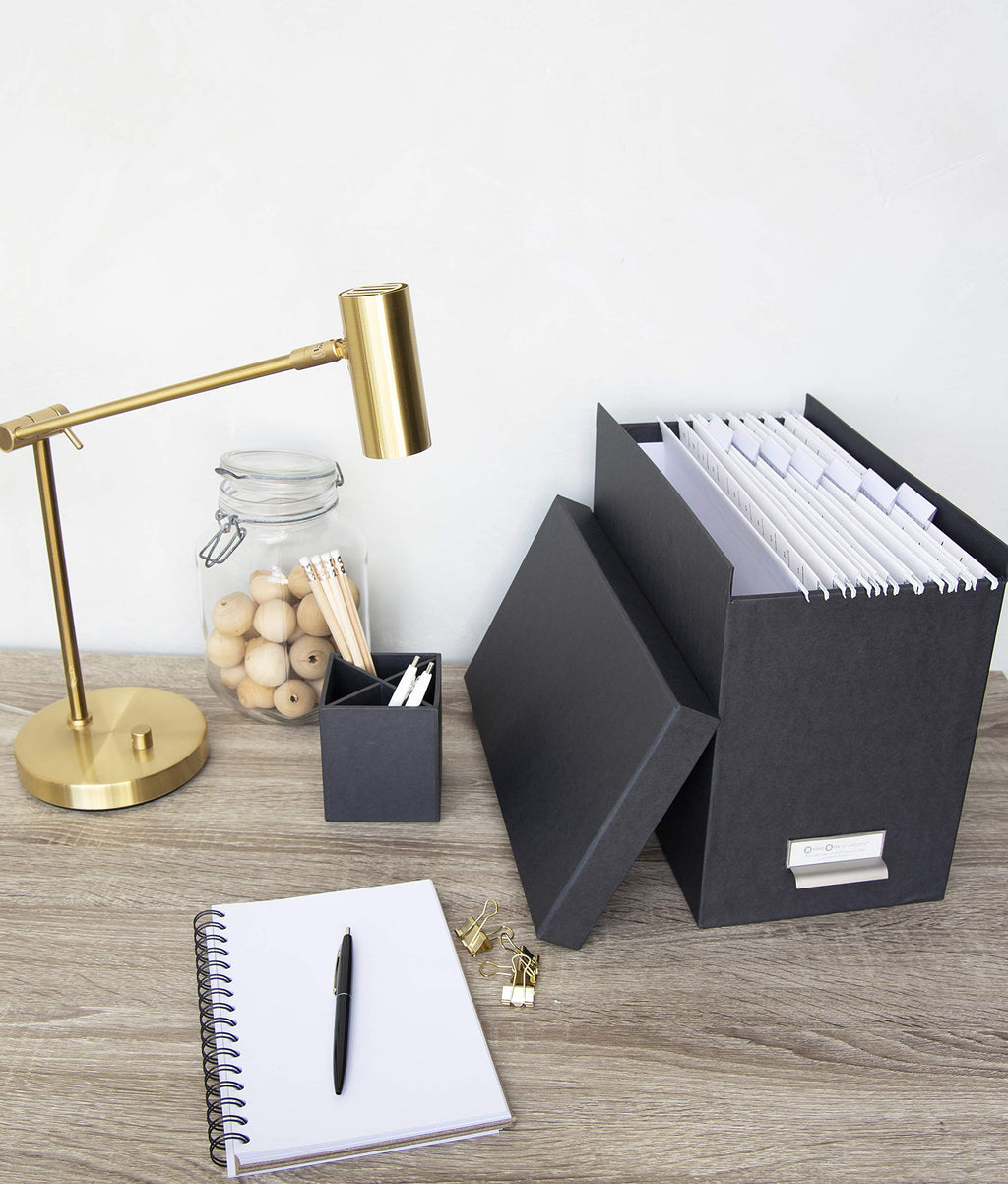 Bigso John Fiberboard Label Frame Desktop File Storage Box - Document Organizer for Important Paperwork - Durable Hanging File Box with a Lid & Metal Label Window - 7.36 x 13.38 x 10.51 in - Dark Grey