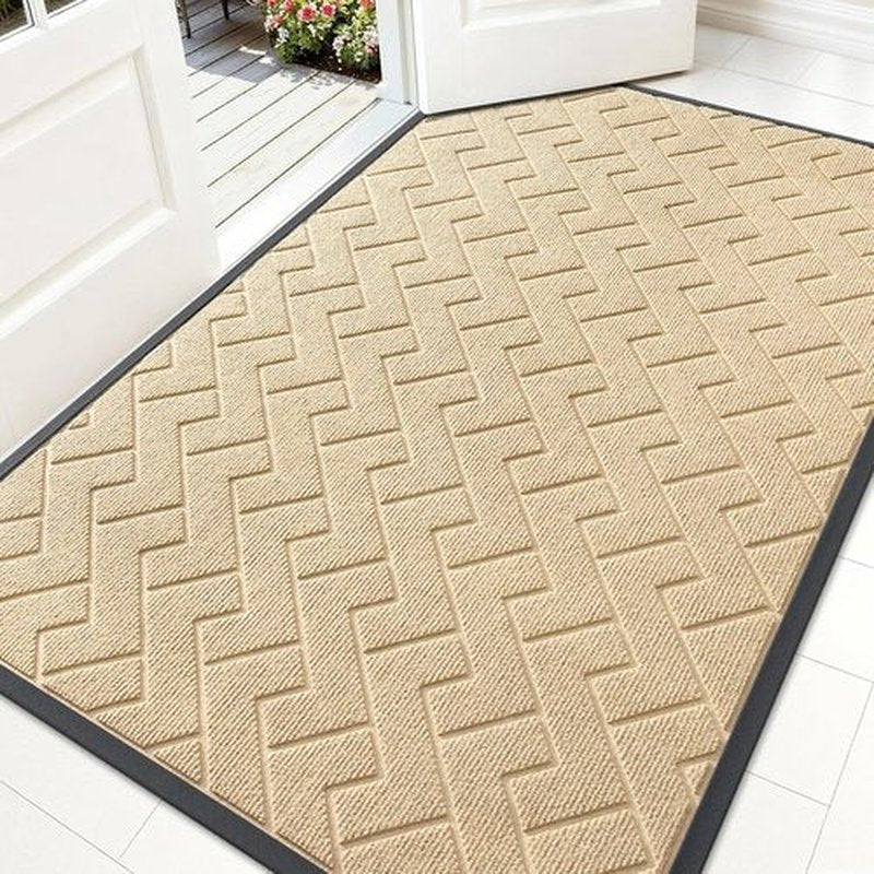 OLANLY Indoor Outdoor Doormat - Waterproof All-Season Herringbone Design | Easy Clean, Low Profile (Beige, 59x35)