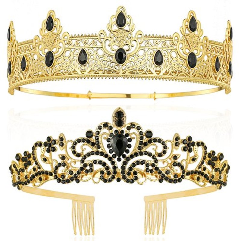 Prom Crowns for Men Women King Queen Crown Metal Crystal Tiara Crown for Men Women Bridegroom Bride for Wedding Halloween Party (GOLD)