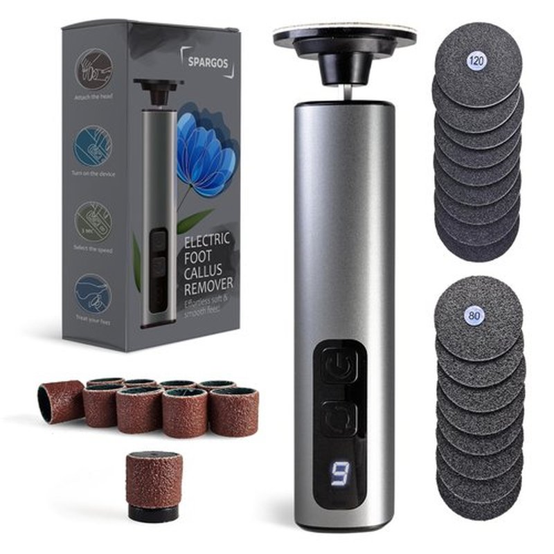 Spargos Electric Foot Callus Remover – Rechargeable Metal Foot File for Dead Skin & Cracked Heels – 9 Speed Professional Pedicure Tools with 60 Sanding Discs – Powerful Heel Scraper for Feet, Black