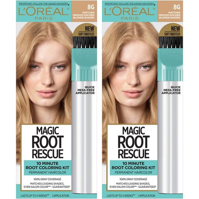 L'Oreal Paris Magic Root Rescue 10 Minute Root Hair Coloring Kit, Permanent Hair Color with Quick Precision Applicator, 100% Gray Coverage, 8G Medium Golden Blonde, 2 count