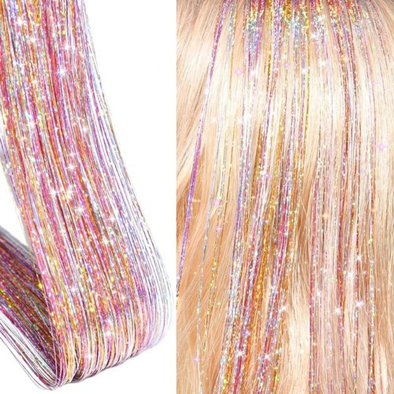 Hair Tinsel with Tools, Fairy Hair Tinsel Kit for Girls 1800 Strands Extensions, 48 Inch Heat Resistant Holographic Colored Hair Glitter Christmas Sparkle Party Halloween Festival (Gold-silver-pink)
