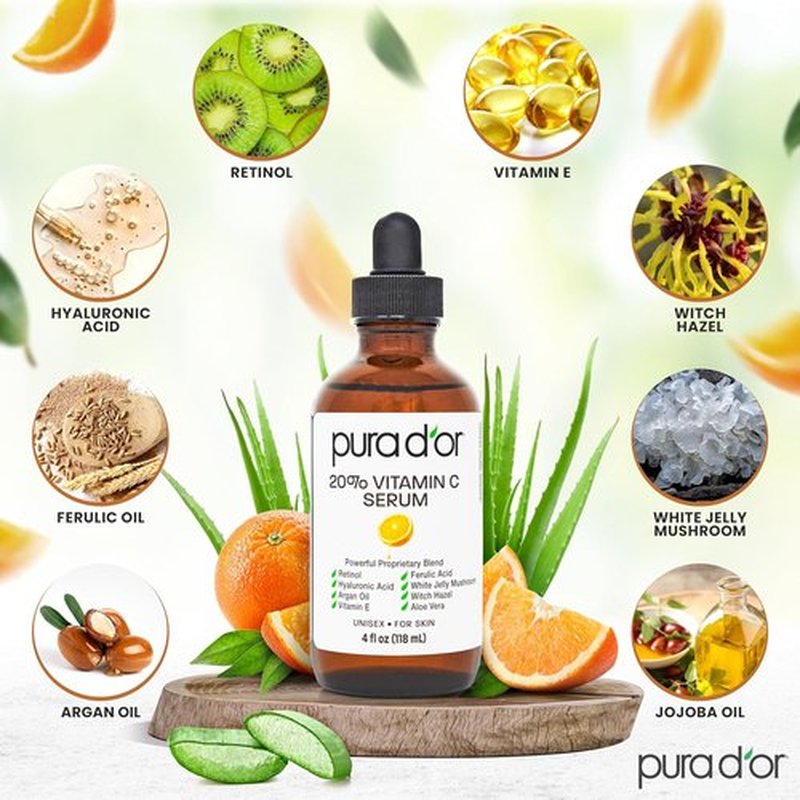 PURA D'OR 20% Vitamin C Facial Serum - Antioxidant Blend with Retinol & Hyaluronic Acid, 4 Oz | Hydrating Skincare for Daily Use