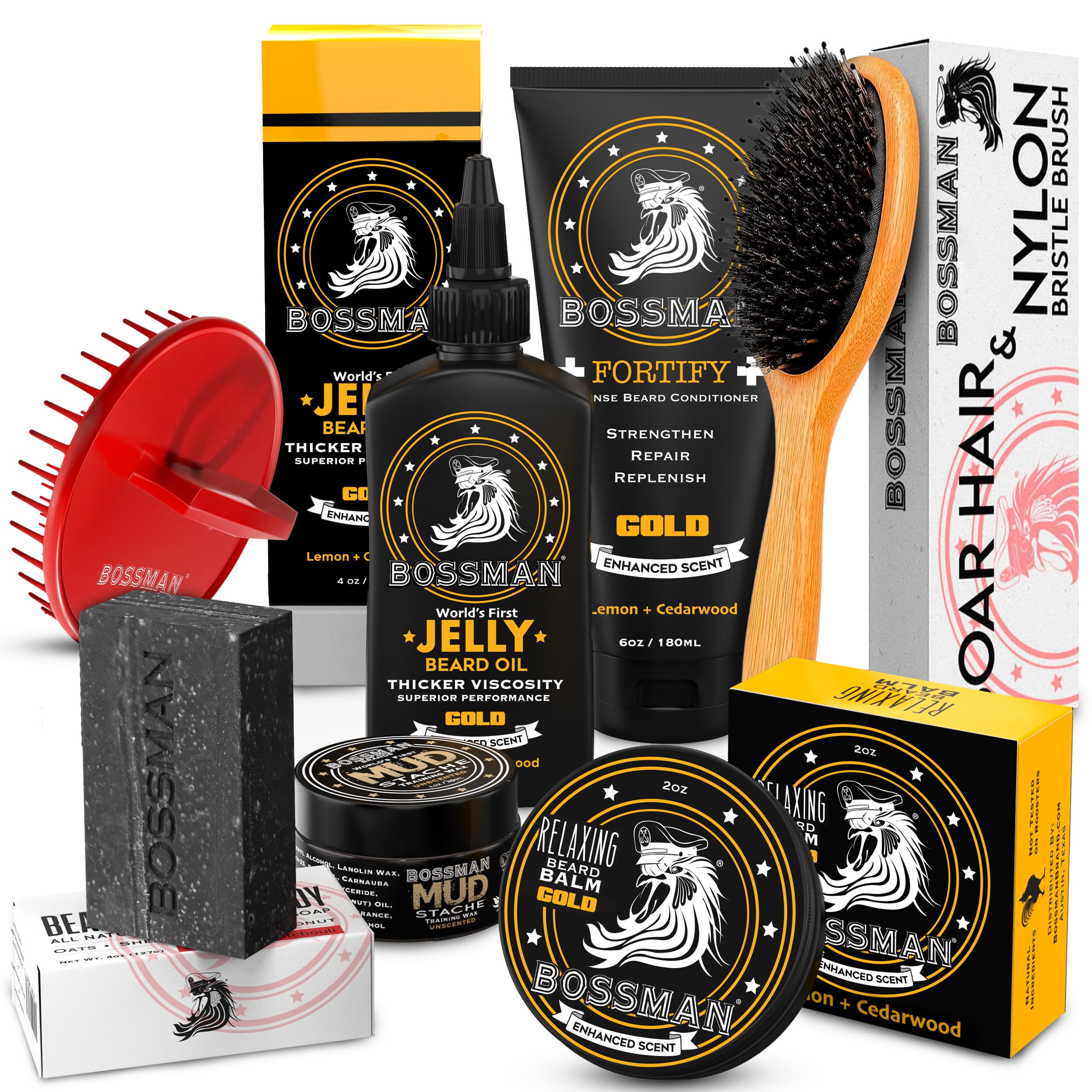 Bossman Big Boss Beard Care Kit for Men - Dad Gifts for Fathers Day, 7 Piece Beard Grooming Kit with Jelly Beard Oil, Beard Conditioner, Beard Balm, MUDstache Wax, Bar Soap, Metal Comb, Brush - (Gold)