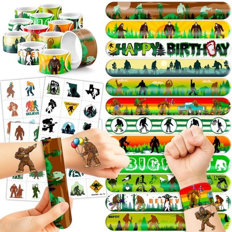 72PCS Bigfoot Party Set | 48PCS Temporary Tattoos & 24PCS Slap Bracelets | Fun Sasquatch-Themed Birthday Supplies, Baby Shower Gifts, Classroom Rewards & Party Decorations for Kids (Boys & Girls)