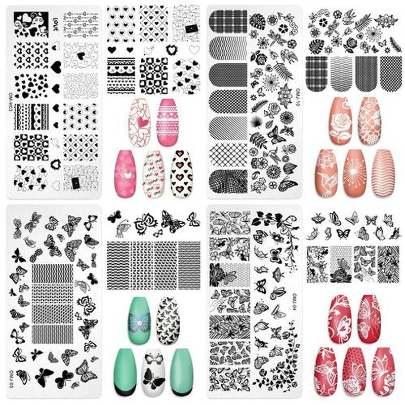 7pc Nail Stamping Plate Kit Butterfly Heart Letter Nails Stamp Plate Leaf Flower Nail Art Template Stencil Fingernail Polish Stamps Plates Set Silicone Stamper Scraper French Tips Nails Design Tools