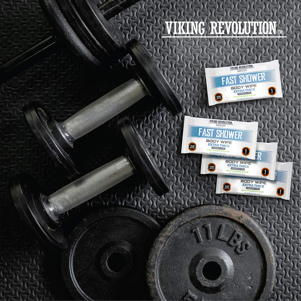 Viking Revolution Body Wipes for Men - Gym Wipes, Shower Wipes - Disposable and Eco-Friendly - Unscented Wet Wipes with Vitamin E and Aloe - 12 Individually Wrapped Wipes