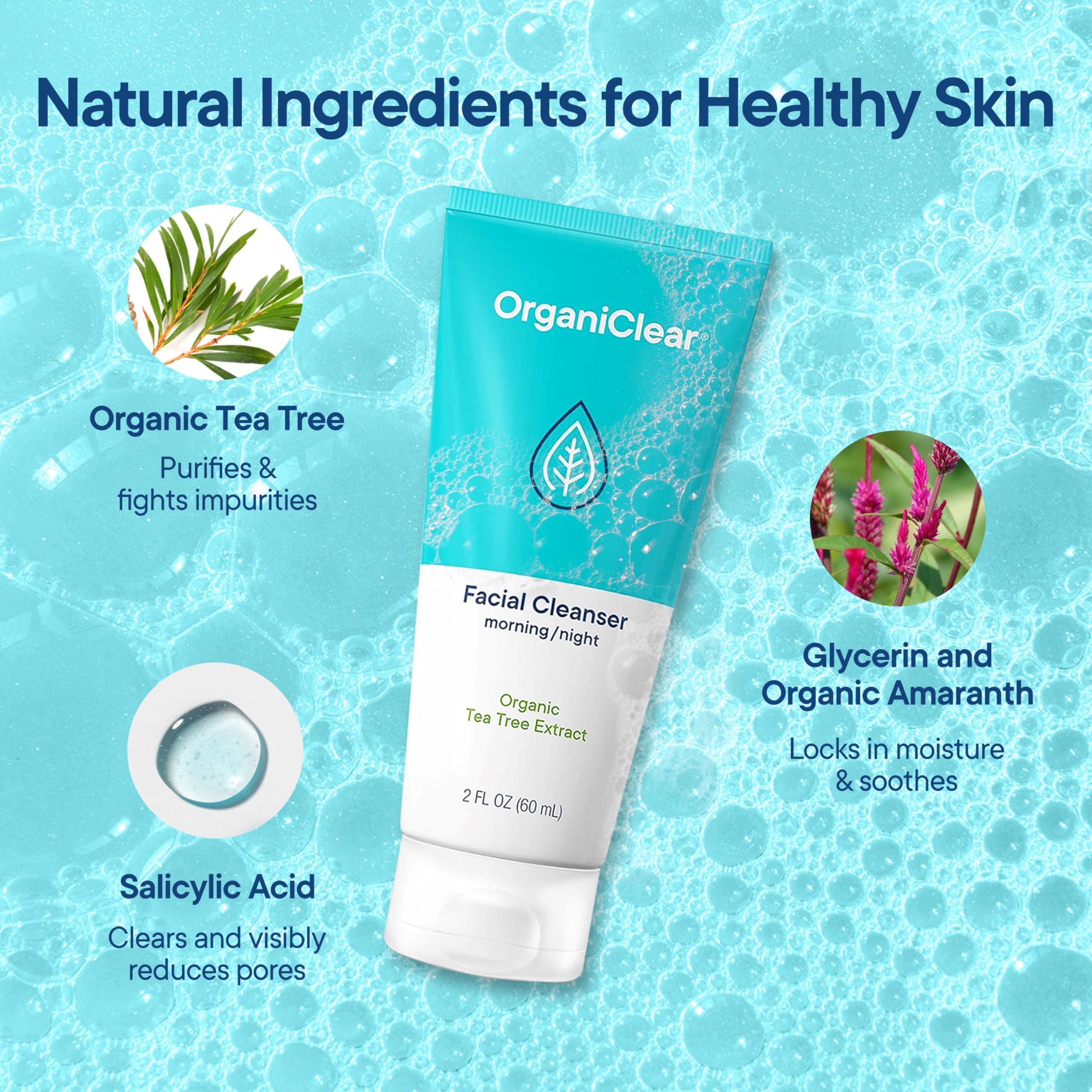 OrganiClear Facial Cleanser w/Organic Tea Tree & Salicylic Acid – Gentle Daily Foaming Gel Face Wash for Deep Cleansing & Makeup Removal – Unclogs Pores, Eliminates Dirt & Oil, (2 oz) 2 Pack