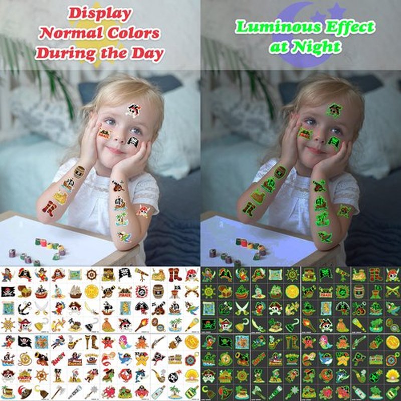96 PCS Pirate Ship Nautical Pre-Cut Luminous Glow in the dark Temporary Tattoos for Kids | Super Cute Theme Birthday Party Favors Supplies Decorations, Treasure Fake Tattoos Gifts for Boys Girls
