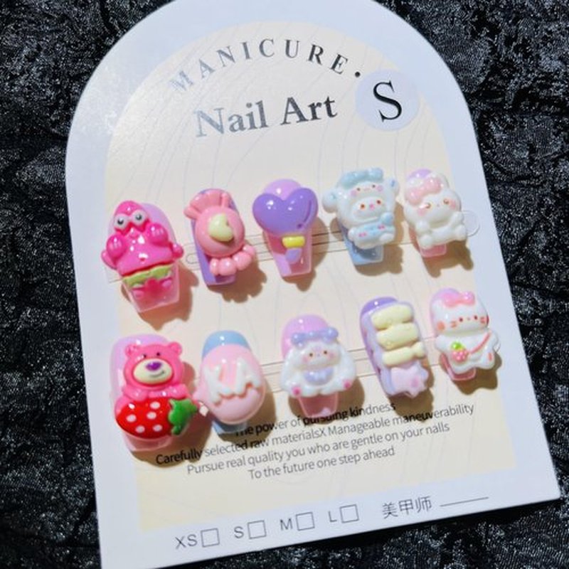 Short Press on Nails Handmade Nails 10Pcs Purple Cartoon Cute Manual Press on Nails for Women Party Holiday Photo 25mm Long Size S