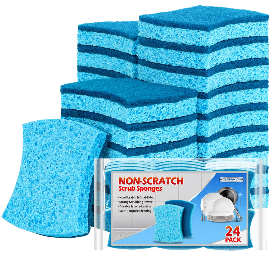 HOMERHYME Non-Scratch Cellulose Scrub Sponges 24 Pack, Kitchen Sponge with Double-Side & Ergonomic Design. Sturdy Sponge for Dishes, Coated Cookware, Sink, Countertops.