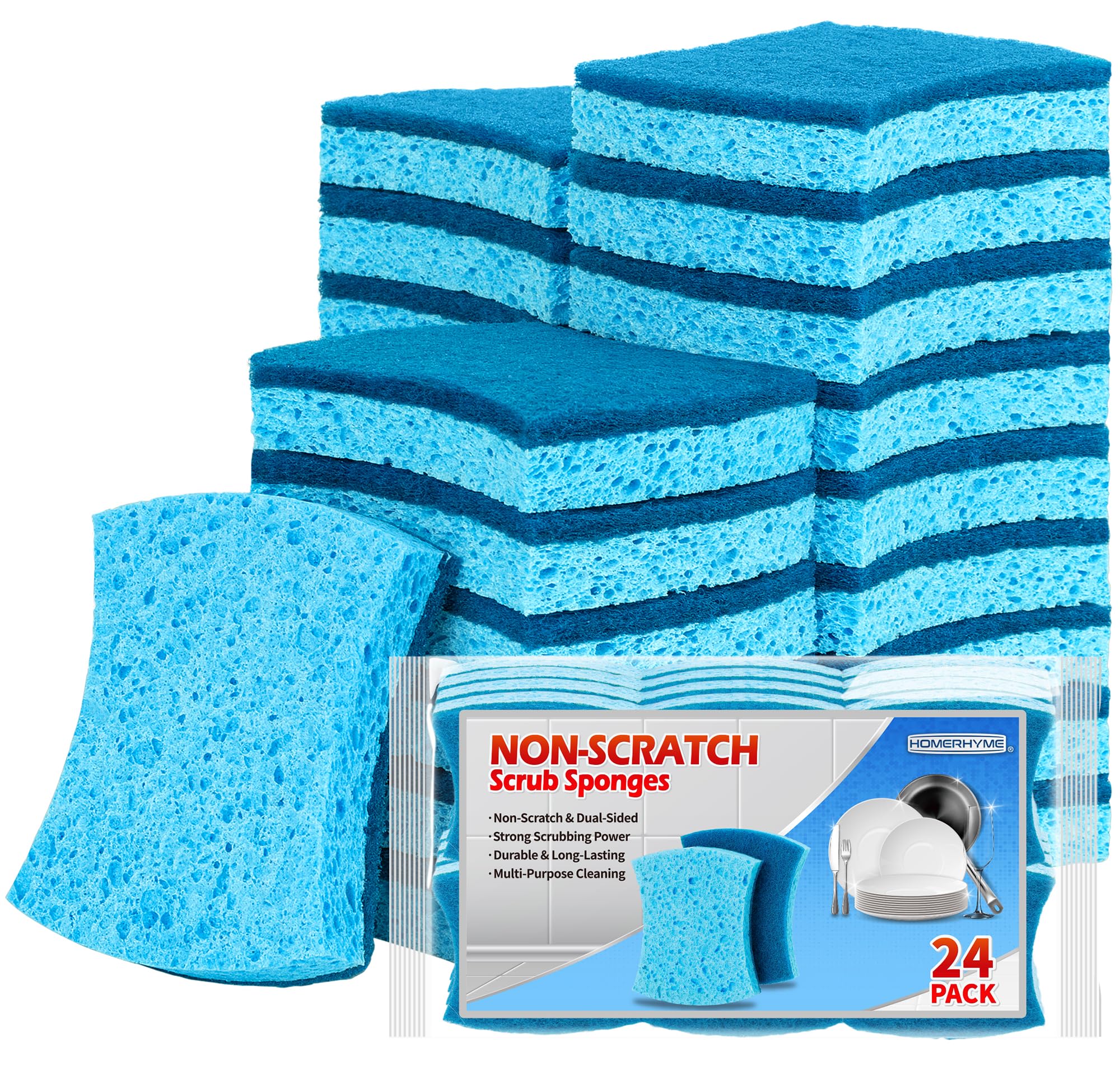 HOMERHYME Non-Scratch Cellulose Scrub Sponges 24 Pack, Kitchen Sponge with Double-Side & Ergonomic Design. Sturdy Sponge for Dishes, Coated Cookware, Sink, Countertops.
