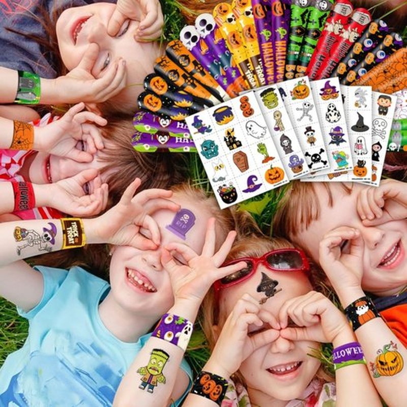 144PCS Halloween - 72 Temporary Pre-Cut Tattoos & 72 Slap Bracelets Halloween-Themed Birthday Supplies, Baby Shower Gifts, Classroom Rewards & Party Decor for Kids (Boys & Girls)