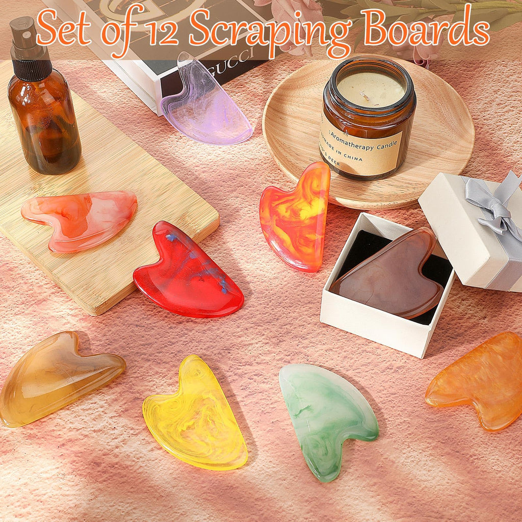 Sherr 12 Pcs Gua Sha Facial Tools Resin Heart Shaped Massage Guasha Tool for Face Guasha Board for Face Body Skin Massage Spa Acupuncture Prevent Wrinkles, 12 Colors(Retro Color)