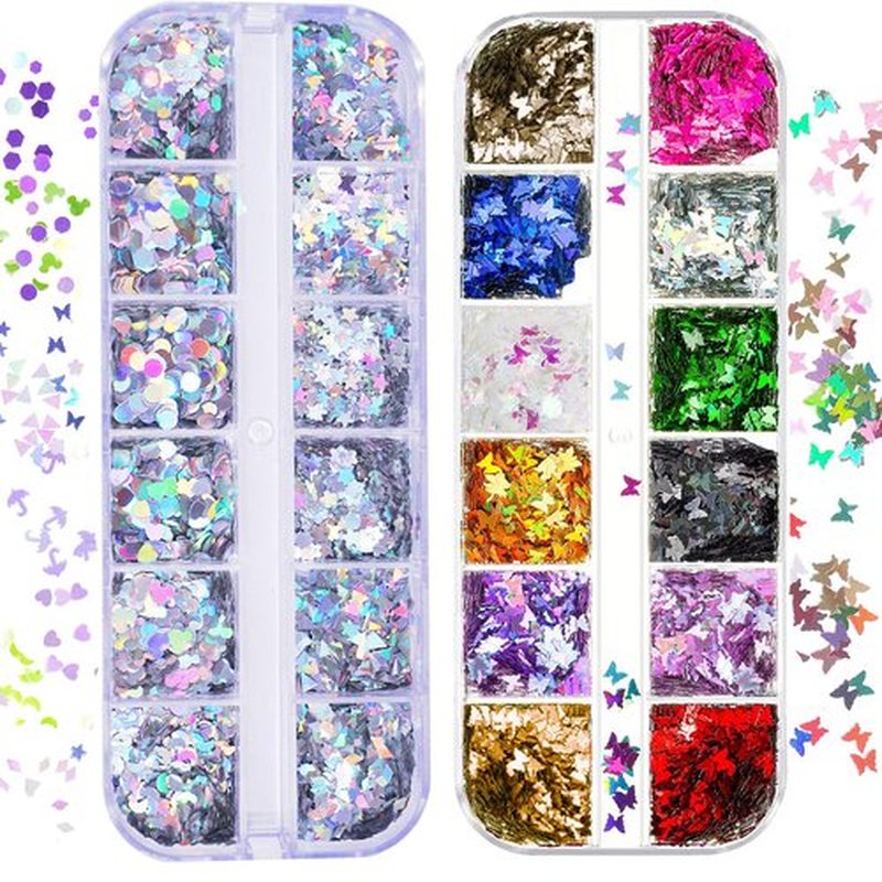 24 Boxes Nail Art Butterfly Holographic Nail Sequins, Ultra-thin Colorful Heart Star Glitter Sticker for Nail Art Decoration, Paillette Cosmetic Festival Glitter Craft Face Hair Decor (12)