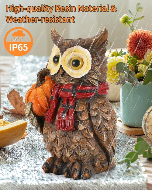 iStatue Fall Harvest Owl Ornaments - 7” Resin Craft with Red Scarf & Pumpkin | Thanksgiving Table Decor