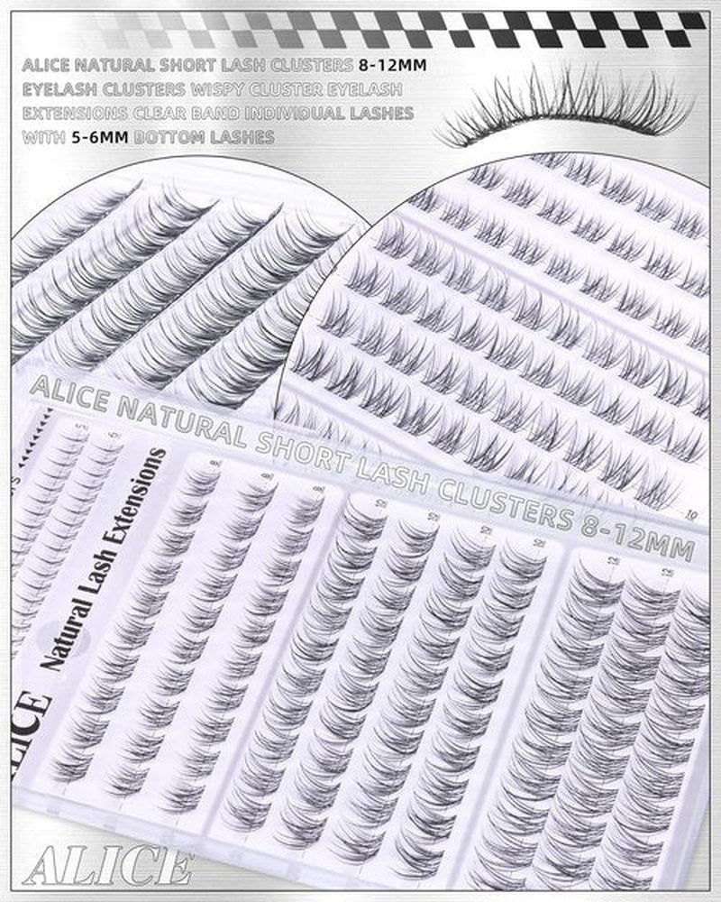 ALICE Natural Short Lash Clusters 8-12mm Eyelash Clusters Wispy Cluster Eyelash Extensions Clear Band Individual Lashes with 5-6mm Bottom Lashes
