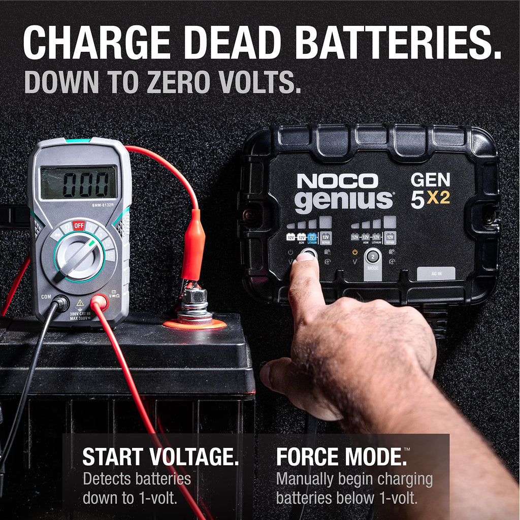 NOCO Genius GEN5X2: 2-Bank, 10A Onboard Battery Charger - 5A Per Bank, 12V Waterproof Marine Charger with Overcharge Protection & Temperature Compensation – for Lead-Acid & Lithium Batteries