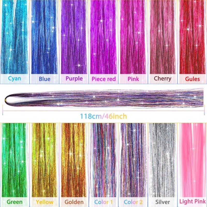 14 Colors Hair Tinsel Kit with Tool, 47 inch 2800 Strands Tinsel Hair Extensions for Women Girls, Fairy Hair Tinsel Glitter Sparkling Shiny Colorful Synthetic Hair for Party Daily Life Fashion