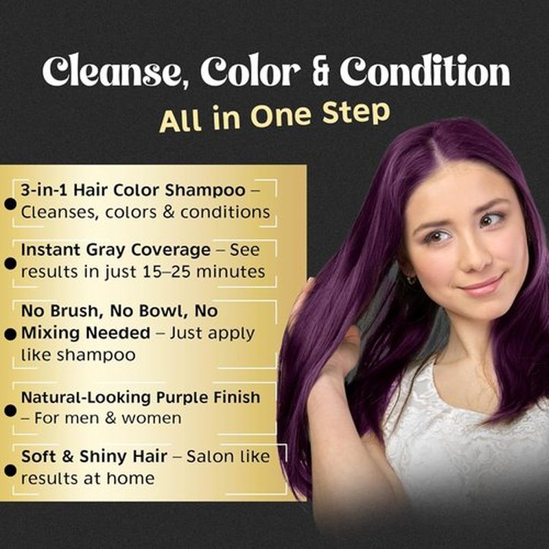 Herbishh Magic Hair Dye Shampoo - Color Gray Hair in Minutes - Long-Lasting Ammonia-Free Treatment (500ml, Purple)