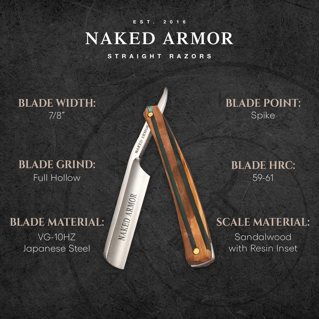 Naked Armor Lac Straight Razor - Shave Ready 7/8" Spike Nose Japanese Steel Straight Razors for Men with Sandalwood Scale, Case Included, Close Shave