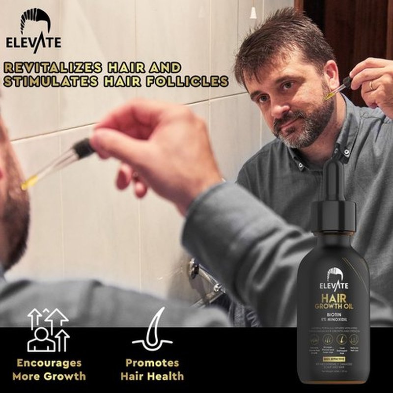 Elevate Hair Regrowth Treatment 5% Minoxidil Solution - Biotin Serum Hair Growth Oil for Men & Women - Thicker Fuller Stronger Hair - Stops Hair Loss & Thinning - Natural Hair Thickening Treatment 1oz