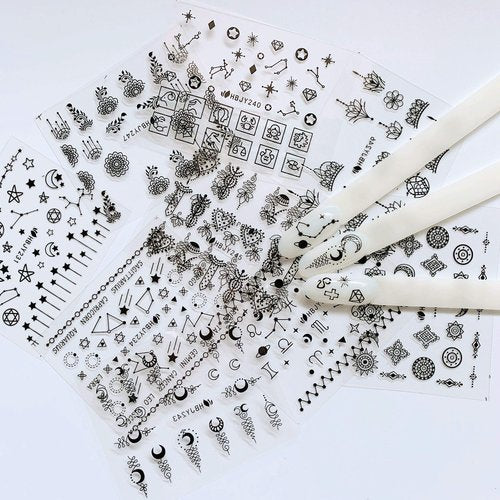 NAIL ANGEL 24 Sheets Nail Art Black Sticker Moon and Star Universal Flower Shapes Different Patterns Mix Sticker Sheets 10056