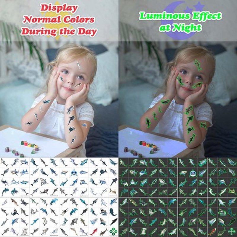 Realistic Shark Glow in The Dark Temporary Tattoos for Kids – 96PCS Luminous Waterproof Removable Stickers – Birthday Party Decorations Supplies Favors – Boys Girls Ocean Animal Gift - Halloween Party