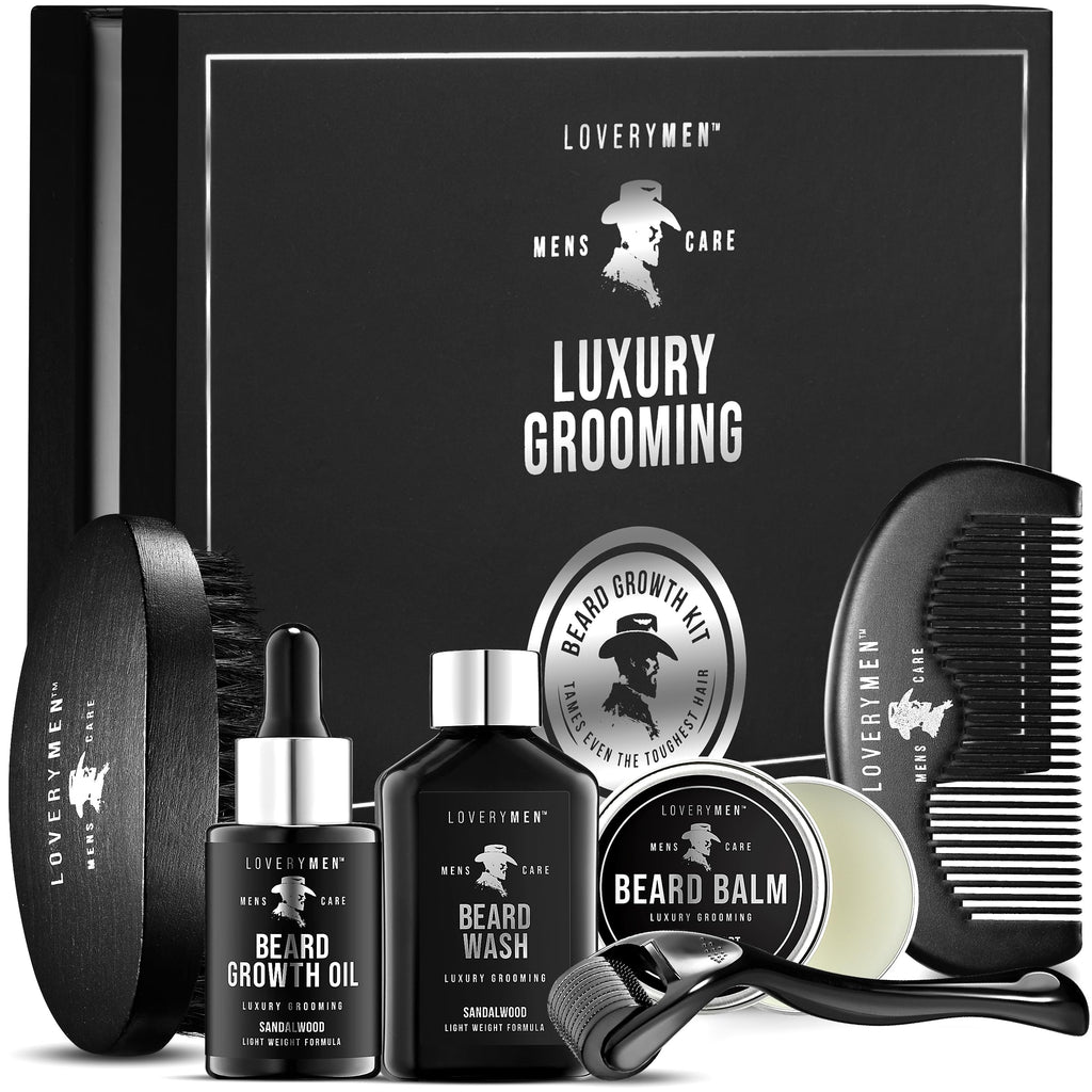 LOVERY Gifts for Him - Beard Grooming Kit - Includes Beard Oil, Beard Balm, Beard Wash, Comb, Brush & more– Mens Gifts for Him, Boyfriend, Husband, Dad - Sandalwood Beard Kit