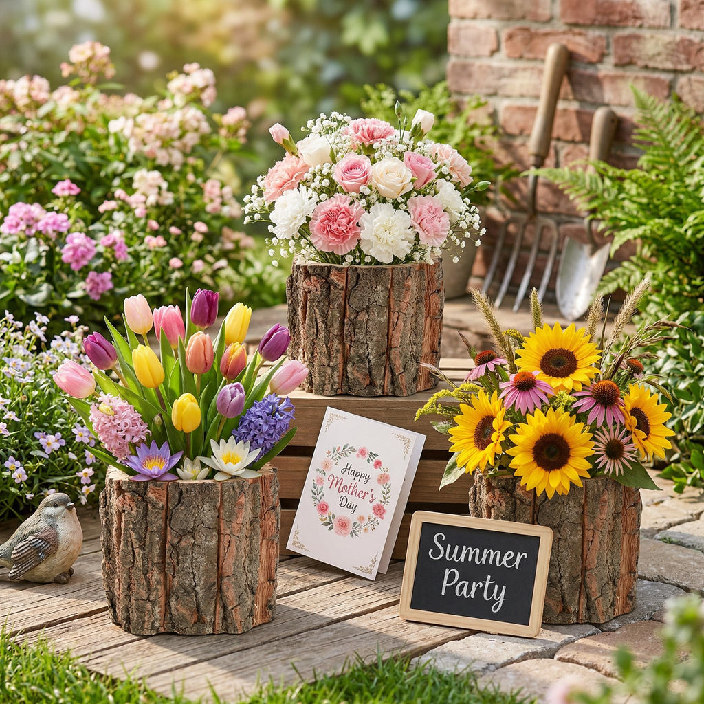 Housoutil Wooden Vase for Centerpieces, 3 Pack Wood Flower Vase Rustic Tree Stump Planter Pots, Wooden Bark Flower Bucket for Wedding, Farmhouse Christmas Table Decor, Round Bark Stump Pots