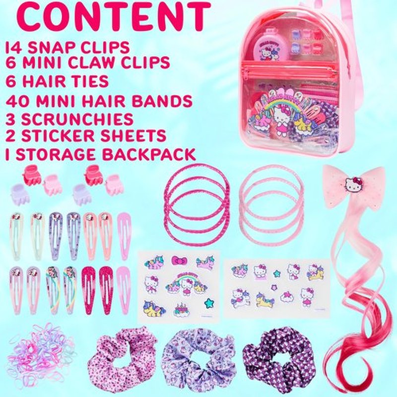 Hello Kitty Sanrio Hair Accessories, Clear Backpack Gifts for Girls, Kawaii Hair Ties, Clips, Stickers, Brush, Scrunchies, Cute Travel Bag (Pink Hello Kitty)