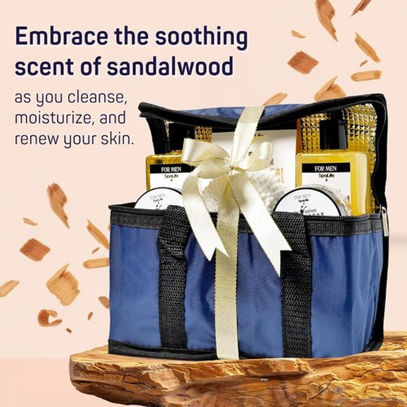 SpaLife Luxury Spa Sandalwood Gift Set for Men - 7-Piece Body Wash & Skincare Bundle | Cleansing, Moisturizing, Exfoliating
