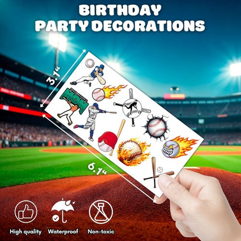 96 PCS Baseball Temporary Tattoos – Sports Theme Birthday Party Favors & Decorations, Fun Baseball Stickers for Boys Girls Kids, School Classroom Gifts & Rewards