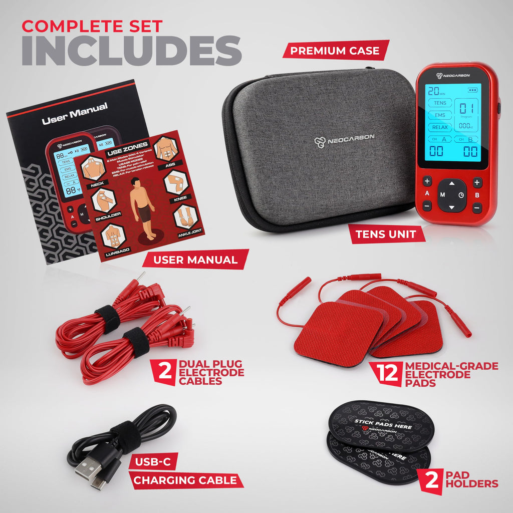 NEOCARBON TENS Unit Muscle Stimulator Pro for Back Pain Relief, Shoulder Recovery and Physical Therapy, Electronic Massager Machine with PMS Pulse for Effective Shock Therapy, Red