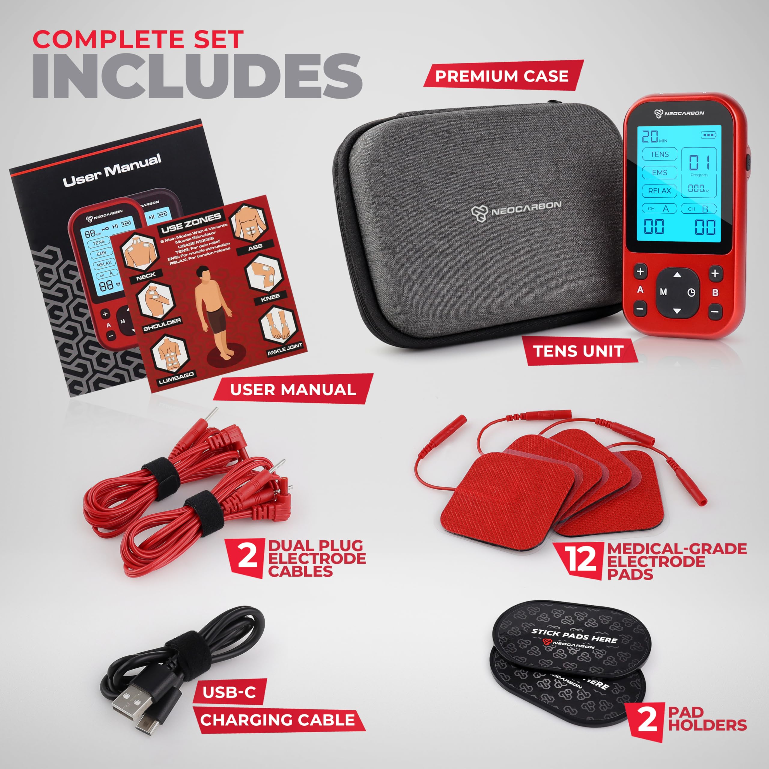 NEOCARBON TENS Unit Muscle Stimulator Pro for Back Pain Relief, Shoulder Recovery and Physical Therapy, Electronic Massager Machine with PMS Pulse for Effective Shock Therapy, Red