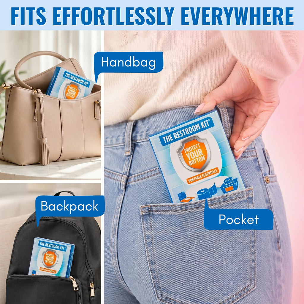 The Restroom Kit Great for travel (12-Pack) Portable Disposable Oversized Toilet Seat Cover, 3ft 3Ply Toilet Paper, Hand & Flushable Tush Wipe.