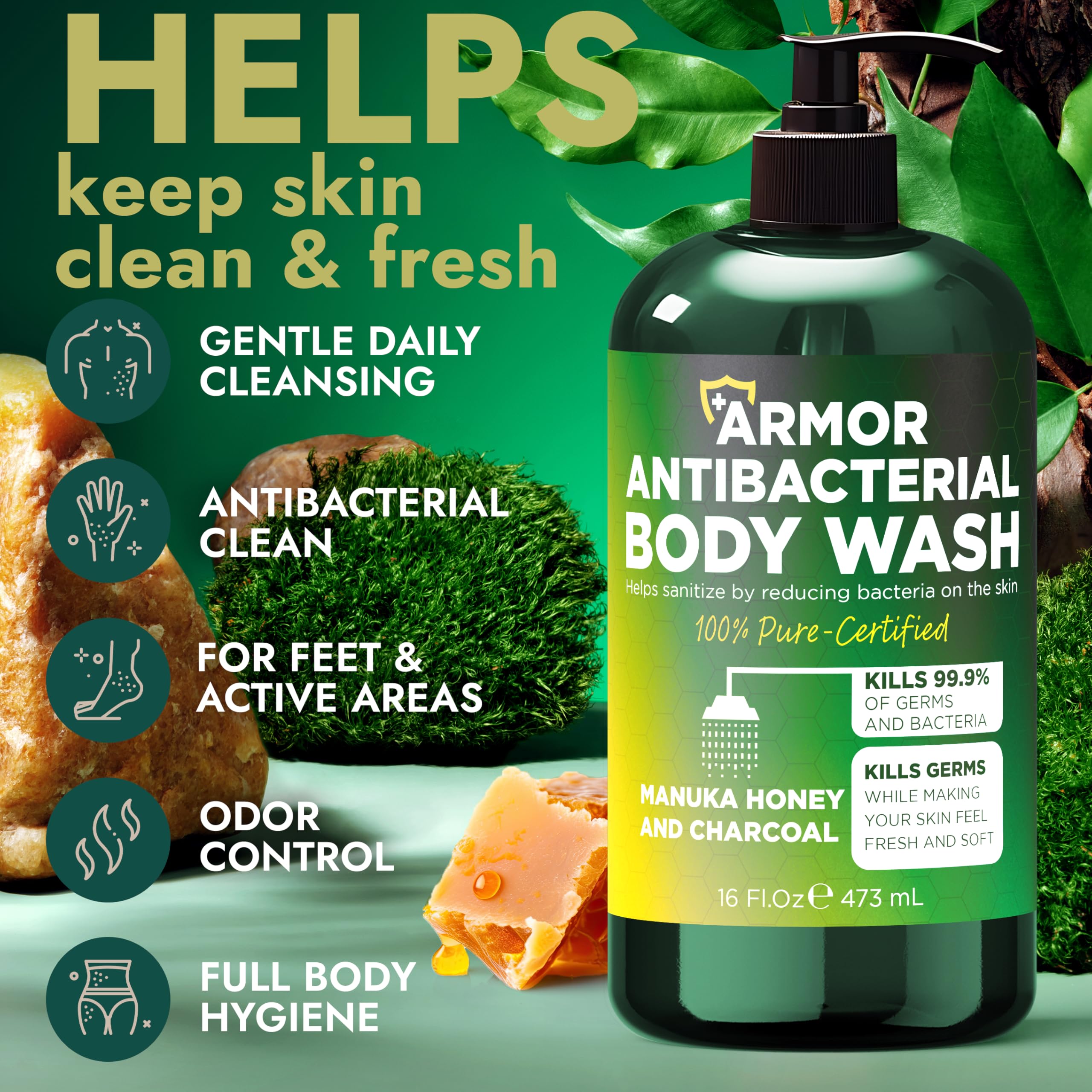 Antibacterial Body Wash | Antibacterial Soap for Men & Women | Kills 99.9% of Germs & Bacteria | Helps with Back Acne, Body Odor & Skin Irritation | Manuka Honey & Charcoal, 16 fl oz