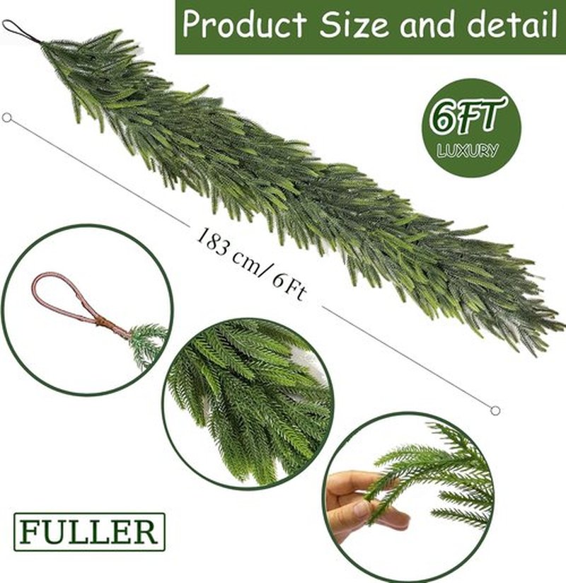 Norfolk Pine Garland - Realistic 6 Ft Christmas Decorations for Mantle, Table, Stairs & More