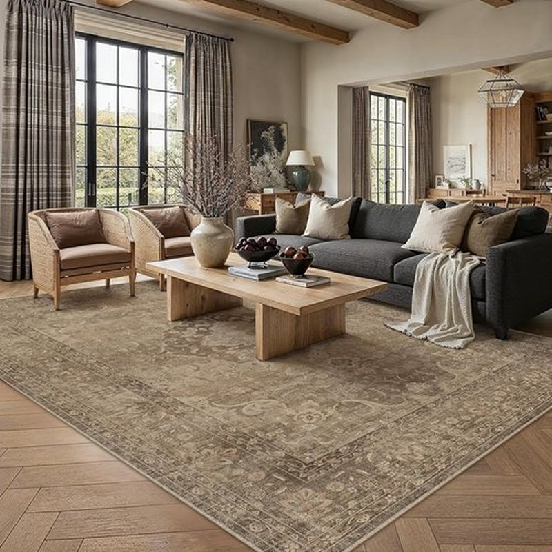 PureCozy Brown Area Rug - Non-Slip Washable Floral Vintage Design | 6x9 for Living Room & Bedroom