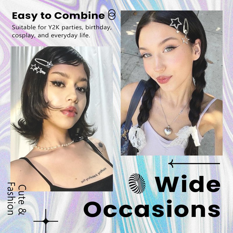 YAEISM 10PCS Star Hair Clips Y2K Silver Hair Clips Metal Star Barrettes 8 Shapes Pentagram Hair Snap Clips Punk Kawaii 2000s Hair Accessories for Women