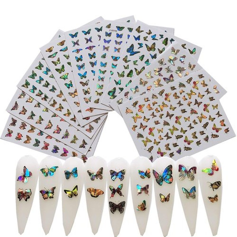 NAIL ANGEL 9sheets Nail Art Adhesive Sticker Sheets Different Laser Color Butterfly Shapes Nail Art Decoration 10215