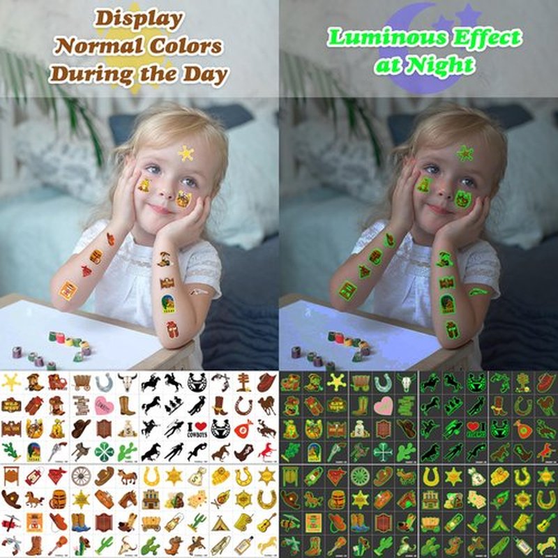 96 PCS Western Cowboy Pre-Cut Luminous Glow in the dark Temporary Tattoos for Kids First Themed Birthday Party Supplies Favors Decorations 8 Sheets Super Cute Fake Tattoo Stickers Gifts for Boys Girls